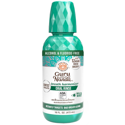 Gurunanda Fresh Breath Mouthwash, Ada-Accepted, Alcohol & Fluoride-Free, Sodium Chlorite, Essential Oils & Vitamins, 12-Hrs Fresh Breath, Wild Mint, 33.8 Oz
