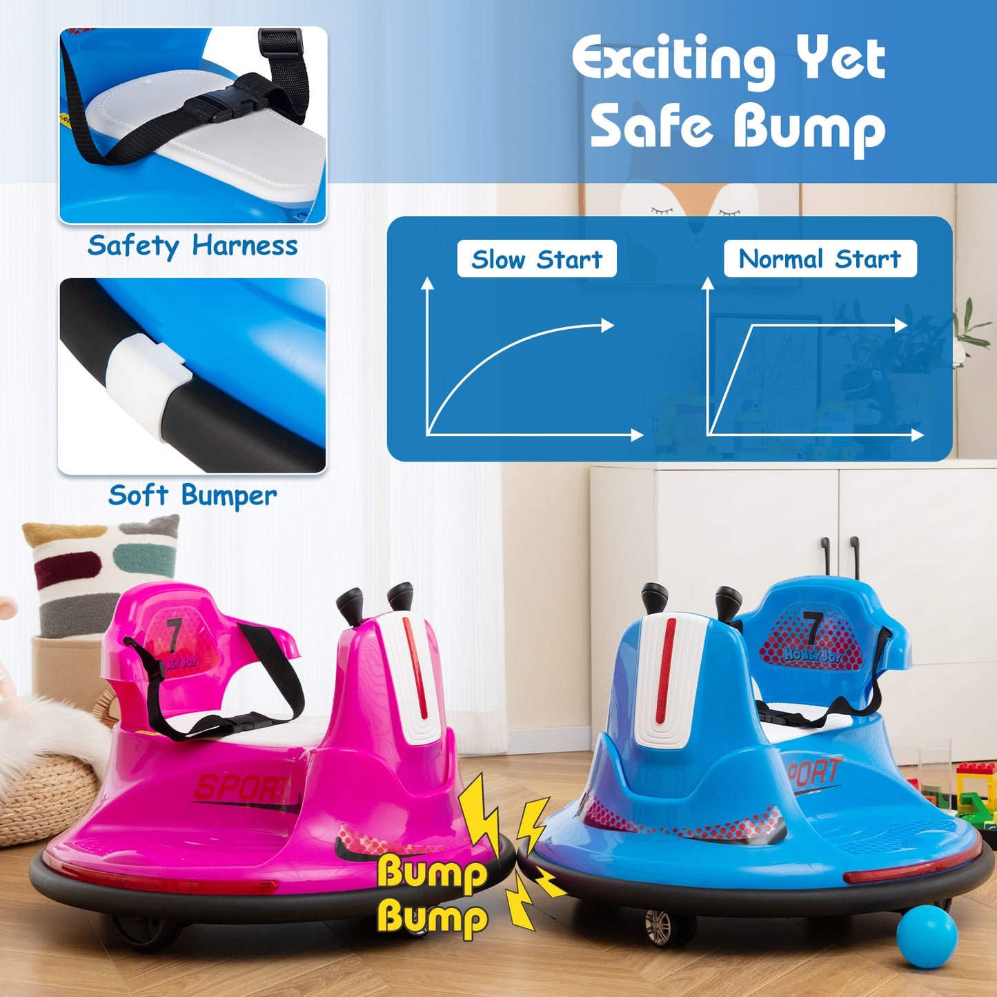 12V Kids Ride On Bumper Car with Remote Control Lights and Music-Blue