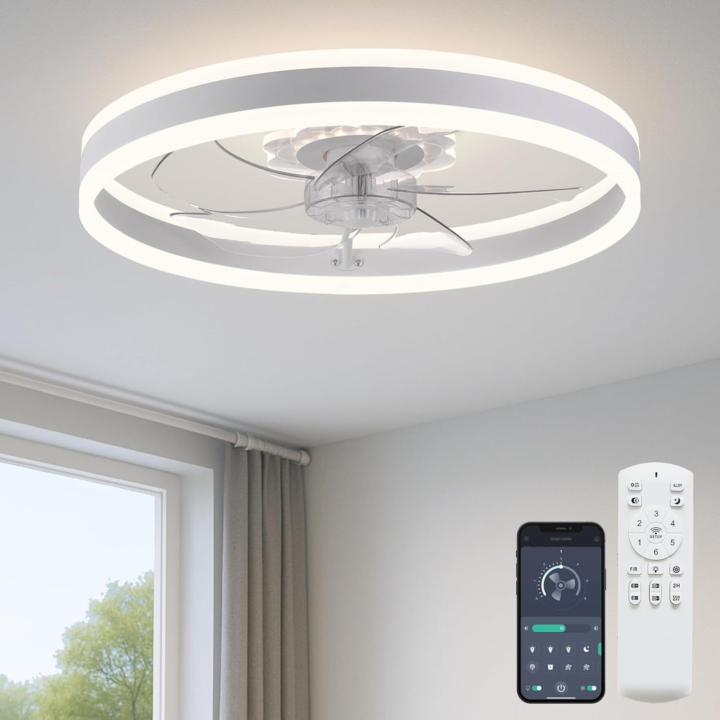 20‘’ Ceiling Fan with Light, Upgraded Low Profile Fan, Flush Mount Ceiling Fan, 6 Speeds, Dimmable LED, App & Remote Control, Quiet DC Motor, for Bedroom, Living Room, F115 White