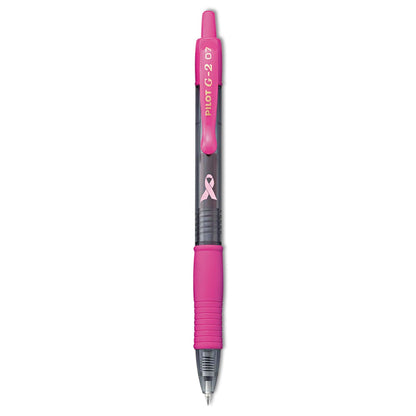 Pilot G2 Premium Breast Cancer Awareness Gel Pen, Retractable, Fine 0.7 mm, Black Ink, Translucent Pink Barrel, Dozen