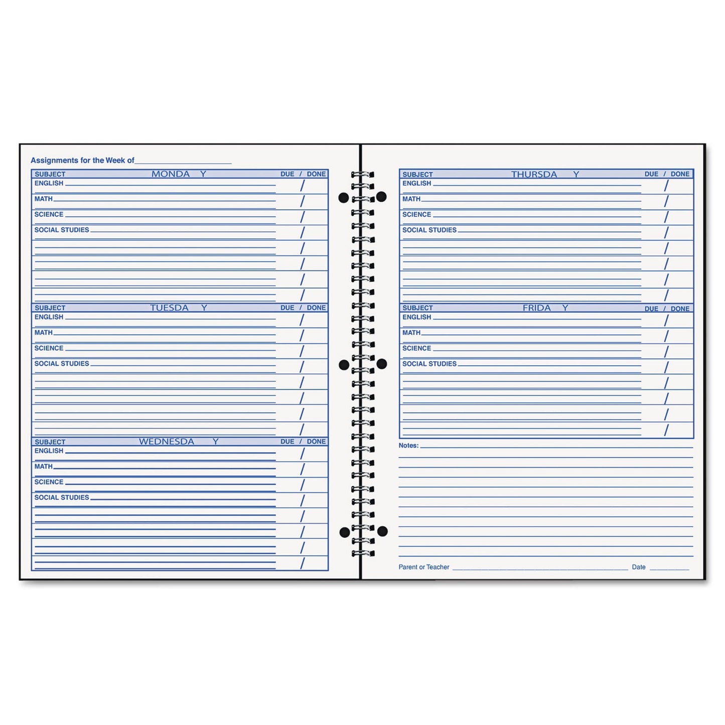 Ward Student Weekly Assignment Book, 40 Weeks: 8 Subjects, Purple Cover, 11 x 8.5