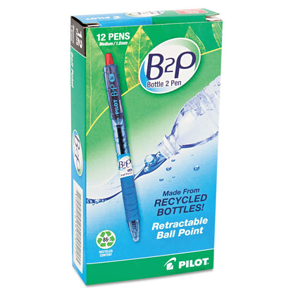 Pilot B2P Bottle-2-Pen Recycled Ballpoint Pen, Retractable, Medium 1 mm, Red Ink, Translucent Blue Barrel, Dozen