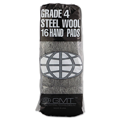 GMT Industrial-Quality Steel Wool Hand Pads, #4 Extra Coarse, Steel Gray, 16 Pads/Sleeve, 12 Sleeves/Carton