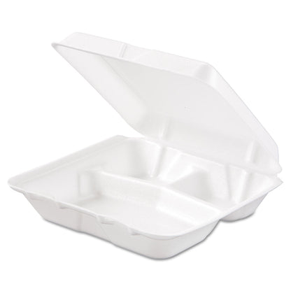 Dart Foam Hinged Lid Containers, 3-Compartment, 7.5 x 8 x 2.3, White, 200/Carton