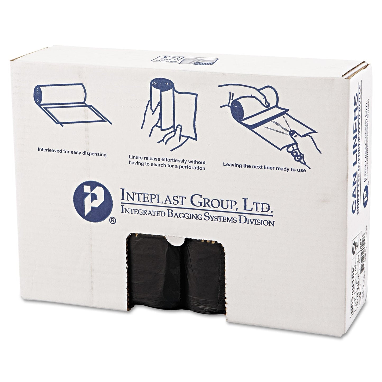 Inteplast Group High-Density Interleaved Commercial Can Liners, 33 gal, 16 microns, 33" x 40", Black, 250/Carton