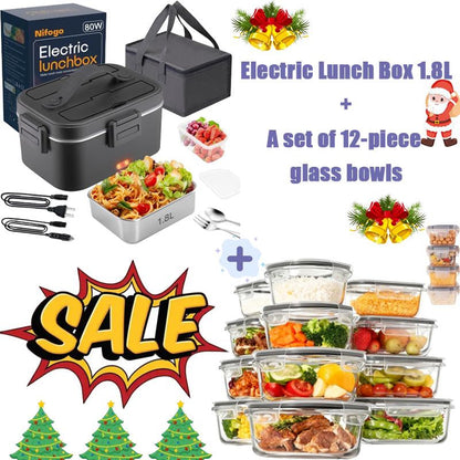 Electric Lunch Box 80W 1.5L Stainless Steel Bento Warmer with Indicator Light & Portable Tableware Set for Home Office Travel Food Quick Storage Fork 80W/1.5L/Black