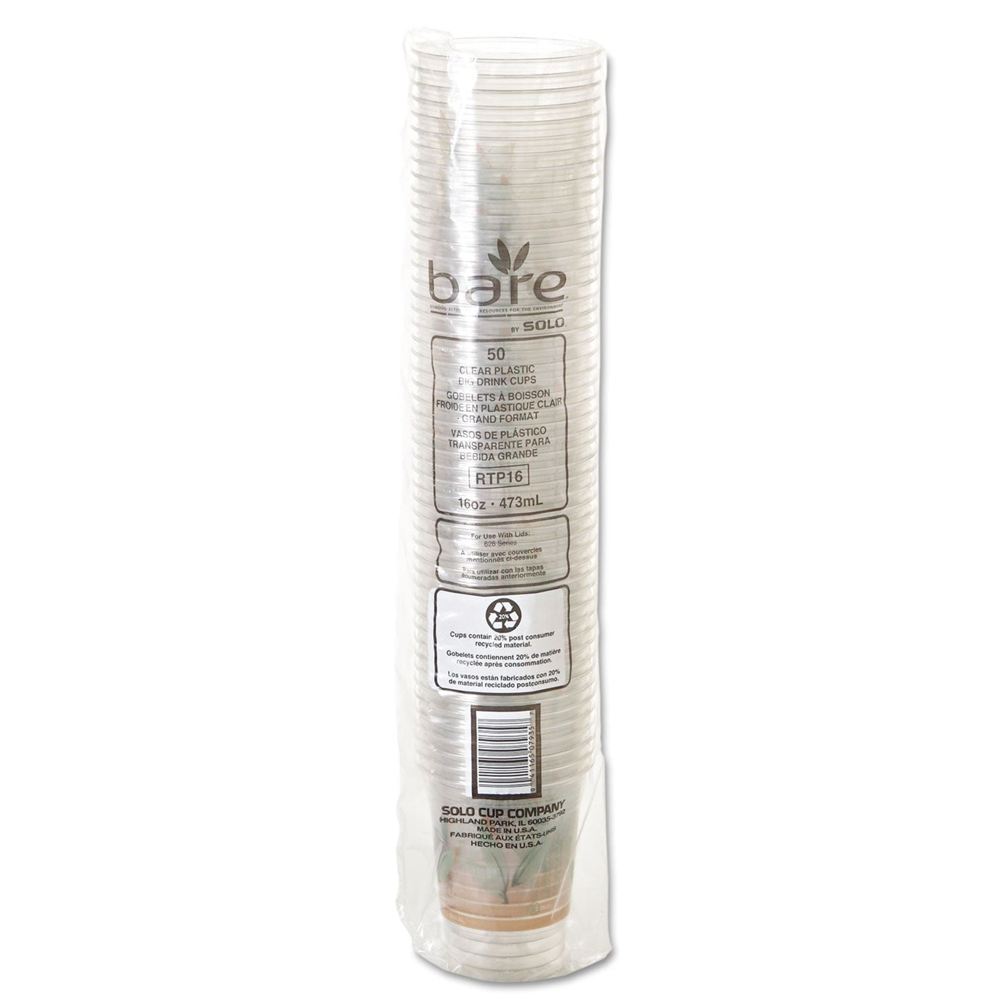 Dart Bare Eco-Forward RPET Cold Cups, 16 oz to 18 oz, Leaf Design, Clear, 50/Pack, 20 Packs/Carton