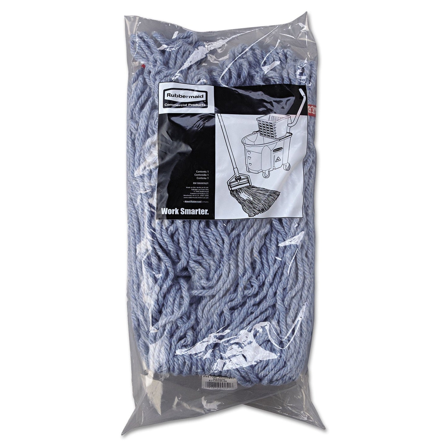 Rubbermaid Web Foot Wet Mop Head, Shrinkless, Cotton/Synthetic, Blue, Medium, 6/Carton