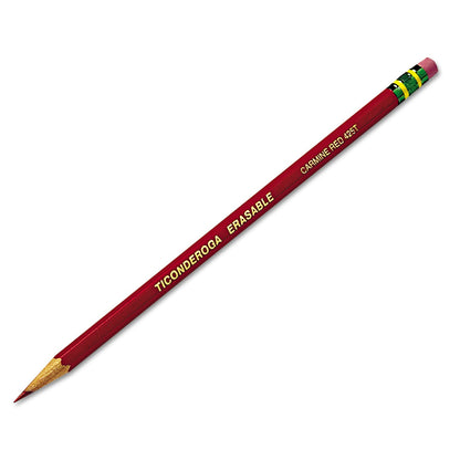 Ticonderoga Erasable Colored Pencils, 2.6 mm, 2B (#1), Carmine Red Lead, Carmine Red Barrel, Dozen