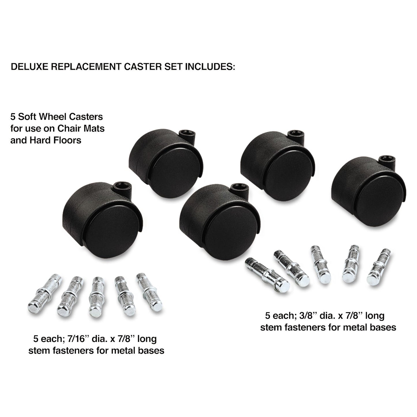Master Caster Deluxe Duet Casters, Grip Ring Type B and Type K Stems, 2" Soft Polyurethane Wheel, Matte Black, 5/Set