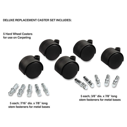 Master Caster Deluxe Duet Casters, Grip Ring Type B and Type K Stems, 2" Hard Nylon Wheel, Matte Black, 5/Set
