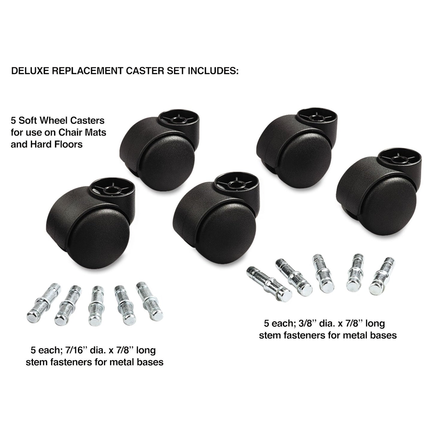 Master Caster Deluxe Futura Casters, Flush Mount, Grip Ring Type B and Type K Stems, 2.19" Soft Polyurethane Wheel, Matte Black, 5/Set