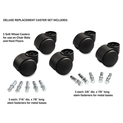 Master Caster Deluxe Futura Casters, Flush Mount, Grip Ring Type B and Type K Stems, 2.19" Soft Polyurethane Wheel, Matte Black, 5/Set
