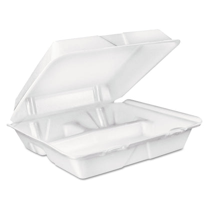 Dart Foam Hinged Lid Container, 3-Compartment, 8 oz, 9 x 9.4 x 3, White, 200/Carton