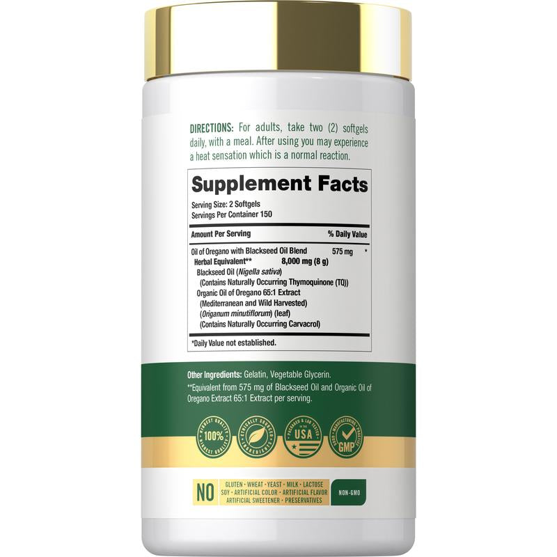 Carlyle Oil of Oregano with Black Seed Oil | 8000Mg | 300 Softgel Capsules | Naturally Occurring Carvacrol & Thymoquinone Pills | Non-Gmo, Gluten Free Supplement