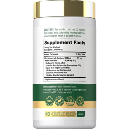 Carlyle Oil of Oregano with Black Seed Oil | 8000Mg | 300 Softgel Capsules | Naturally Occurring Carvacrol & Thymoquinone Pills | Non-Gmo, Gluten Free Supplement