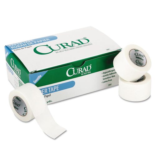 Curad Paper Adhesive Tape, Medium-Duty, Acrylic/Paper, 1" x 10 yds, White, 12/Pack