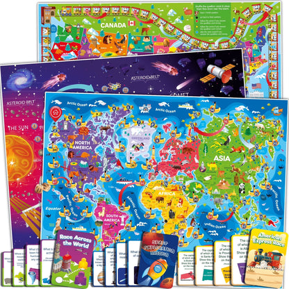 Learning Board Games for Kids 6-8 - Educational Trivia Cards Ages 8-12 - 3X Set World USA Map & Space