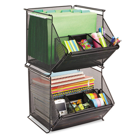Safco Onyx Stackable Mesh Storage Bin, 4 Compartments, Steel Mesh, 14 x 15.5 x 11.75, Black