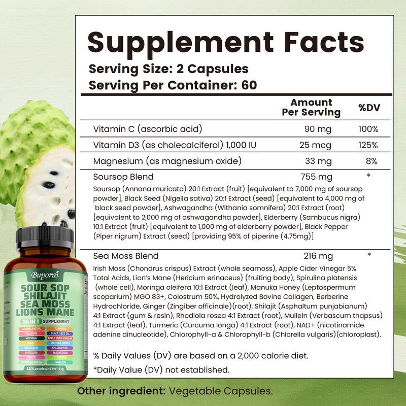 Buporai-Soursop Blend Dietary Supplement Capsules, Containing Soursop Blend, Vitamin C, Supports Skin Health, Relieves Stress, Supports Joint and Bone Health
