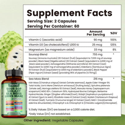 Buporai-Soursop Blend Dietary Supplement Capsules, Containing Soursop Blend, Vitamin C, Supports Skin Health, Relieves Stress, Supports Joint and Bone Health
