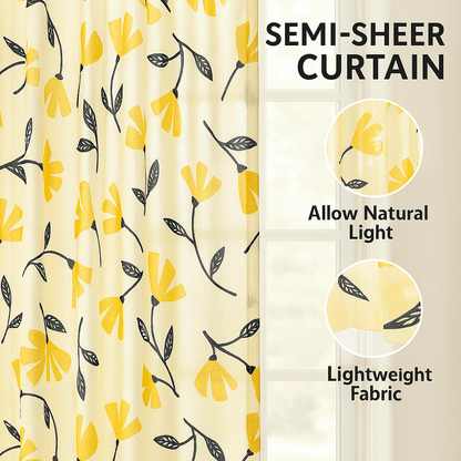 DaDa Bedding Set of 2 Botanical Floral Window Curtain Panels - Natural Semi Sheer Yellow Fleur Golden Orange Spring Time Tulips Straight Tailored Edge