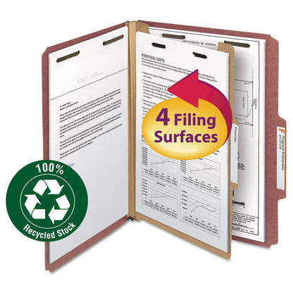 Smead 100% Recycled Pressboard Classification Folders, 1 Divider, Letter Size, Red, 10/Box