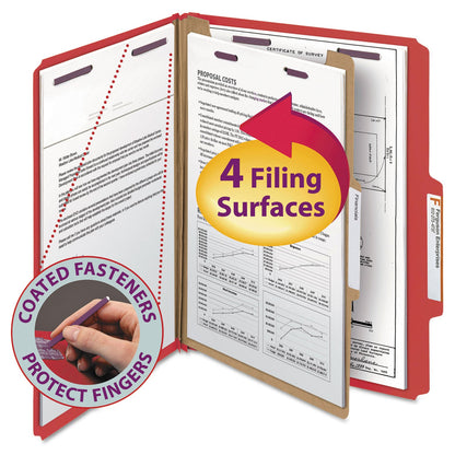 Smead Four-Section Pressboard Top Tab Classification Folders with SafeSHIELD Fasteners, 1 Divider, Letter Size, Bright Red, 10/Box