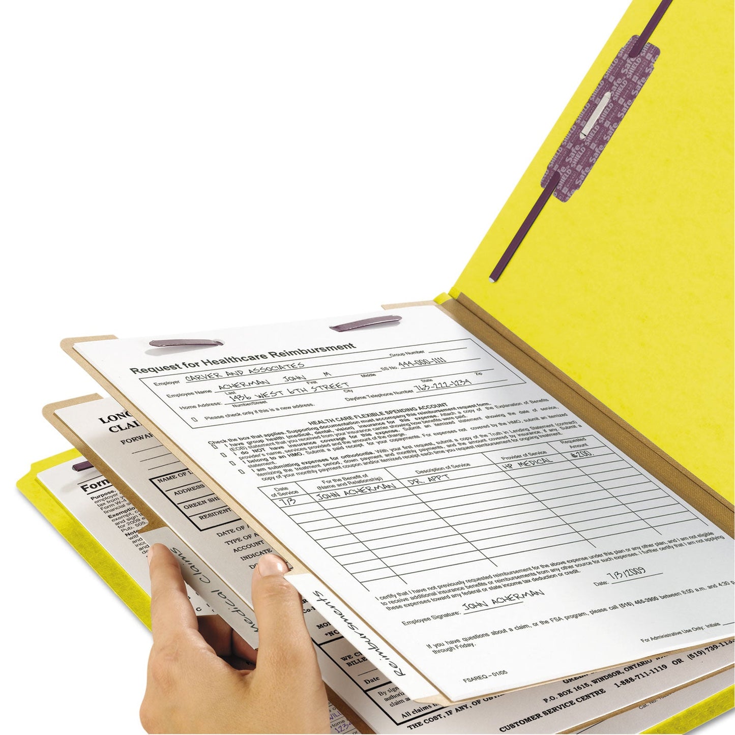 Smead Six-Section Pressboard Top Tab Classification Folders with SafeSHIELD Fasteners, 2 Dividers, Legal Size, Yellow, 10/Box