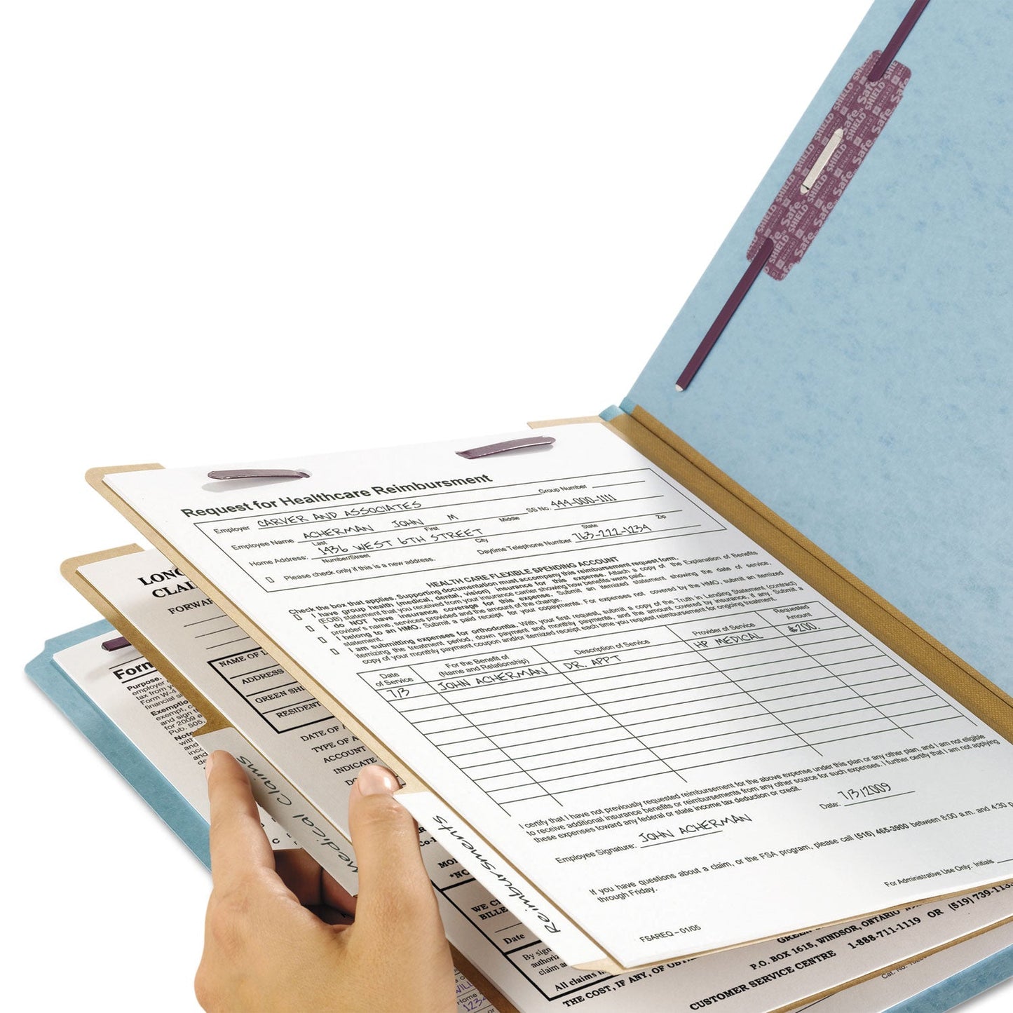 Smead Six-Section Pressboard Top Tab Classification Folders with SafeSHIELD Fasteners, 2 Dividers, Legal Size, Blue, 10/Box