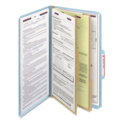 Smead Six-Section Pressboard Top Tab Classification Folders with SafeSHIELD Fasteners, 2 Dividers, Legal Size, Blue, 10/Box