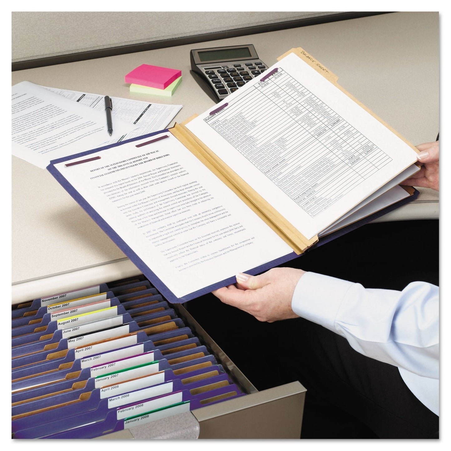 Smead Eight-Section Pressboard Top Tab Classification Folders with SafeSHIELD Fasteners, 3 Dividers, Letter Size, Dark Blue, 10/Box
