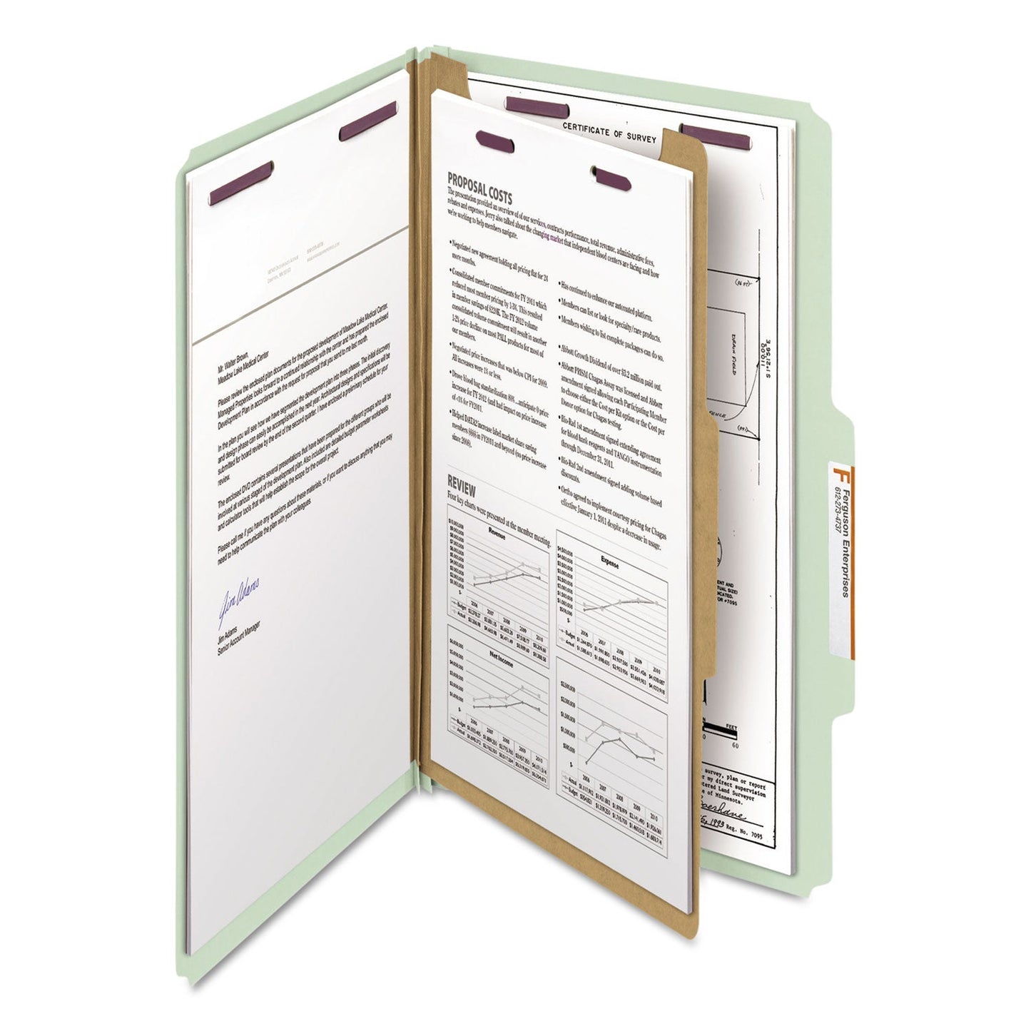 Smead Pressboard Classification Folders with SafeSHIELD Coated Fasteners, 2/5 Cut, 1 Divider, Legal Size, Gray-Green, 10/Box
