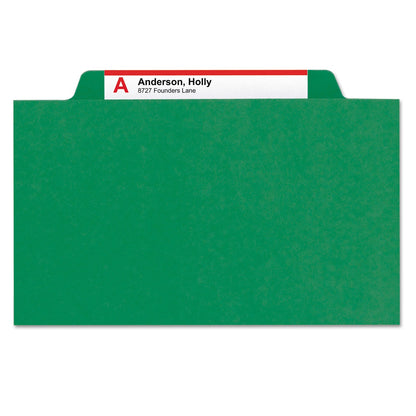 Smead Six-Section Pressboard Top Tab Classification Folders with SafeSHIELD Fasteners, 2 Dividers, Letter Size, Green, 10/Box