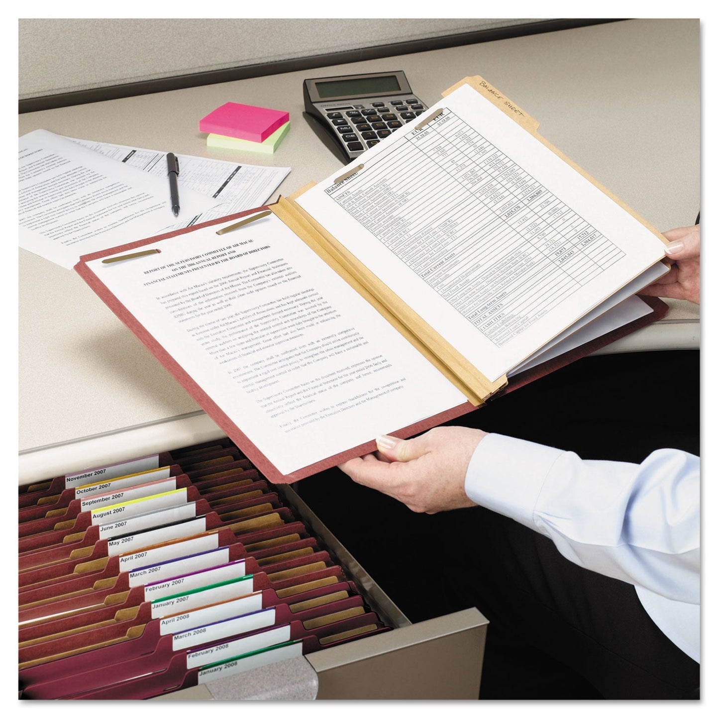 Smead Pressboard Classification Folders with SafeSHIELD Coated Fasteners, 2/5 Cut, 2 Dividers, Letter Size, Red, 10/Box