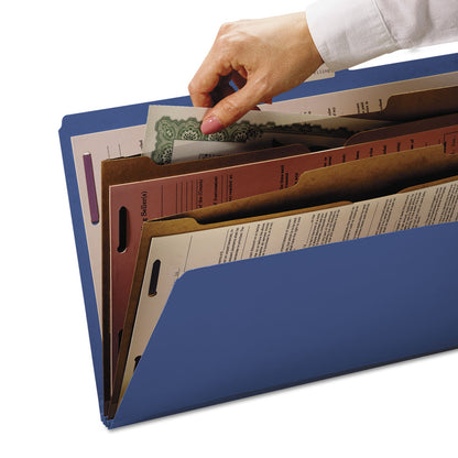 Smead 6-Section Pressboard Top Tab Pocket-Style Classification Folders with SafeSHIELD Fasteners, 2 Dividers, Letter, Blue, 10/Box