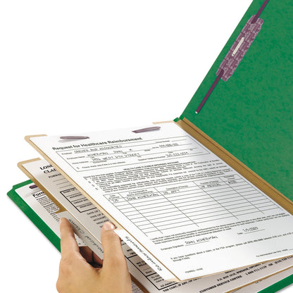 Smead Six-Section Pressboard Top Tab Classification Folders with SafeSHIELD Fasteners, 2 Dividers, Legal Size, Green, 10/Box