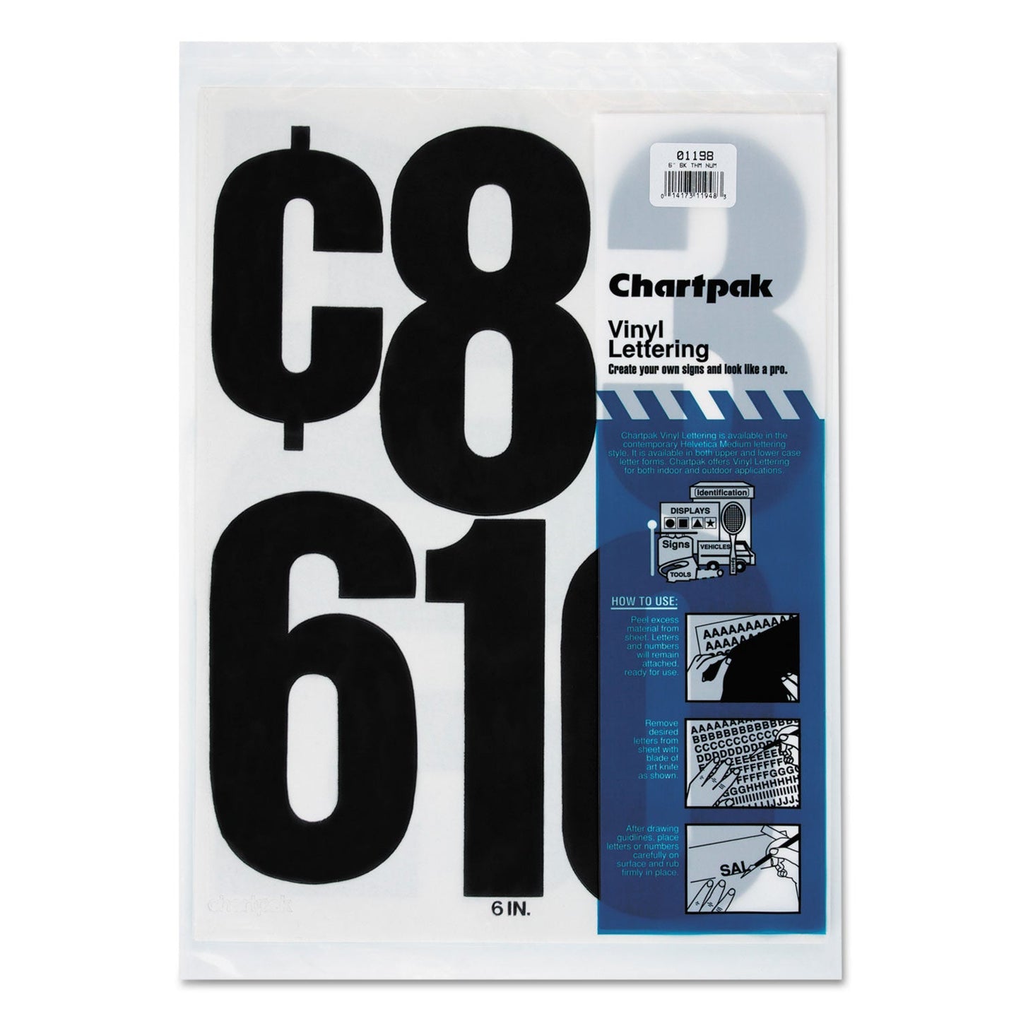 Chartpak Press-On Vinyl Numbers, Self Adhesive, Black, 6"h, 21/Pack