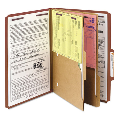 Smead 6-Section Pressboard Top Tab Pocket-Style Classification Folders with SafeSHIELD Fasteners, 2 Dividers, Legal, Red, 10/Box