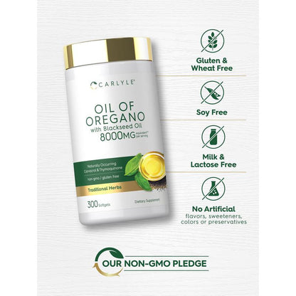 Carlyle Oil of Oregano with Black Seed Oil | 8000Mg | 300 Softgel Capsules | Naturally Occurring Carvacrol & Thymoquinone Pills | Non-Gmo, Gluten Free Supplement
