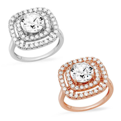 18K White Gold Plated Brass Square Engagement Ring Adorned with Swarovski Crystals