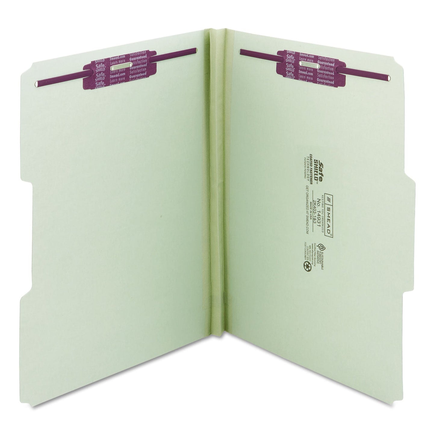 Smead Recycled Pressboard Folders with Two SafeSHIELD Coated Fasteners, 1" Expansion, 1/3-Cut Tab, Letter Size, Gray-Green, 25/Box