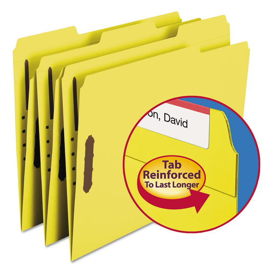 Smead Top Tab Colored Fastener Folders, 2 Fasteners, Letter Size, Yellow Exterior, 50/Box
