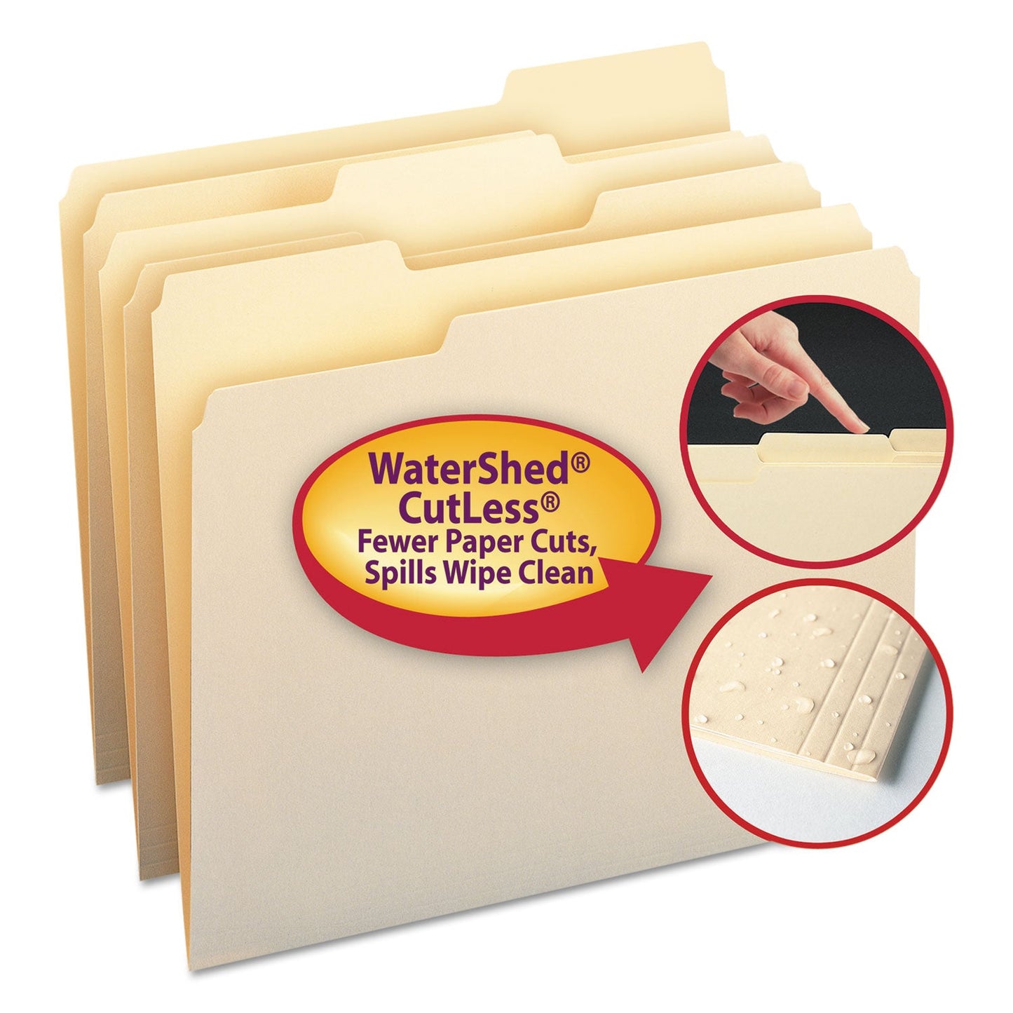 Smead WaterShed/CutLess File Folders, 1/3-Cut Tabs: Assorted, Letter Size, 0.75" Expansion, Manila, 100/Box
