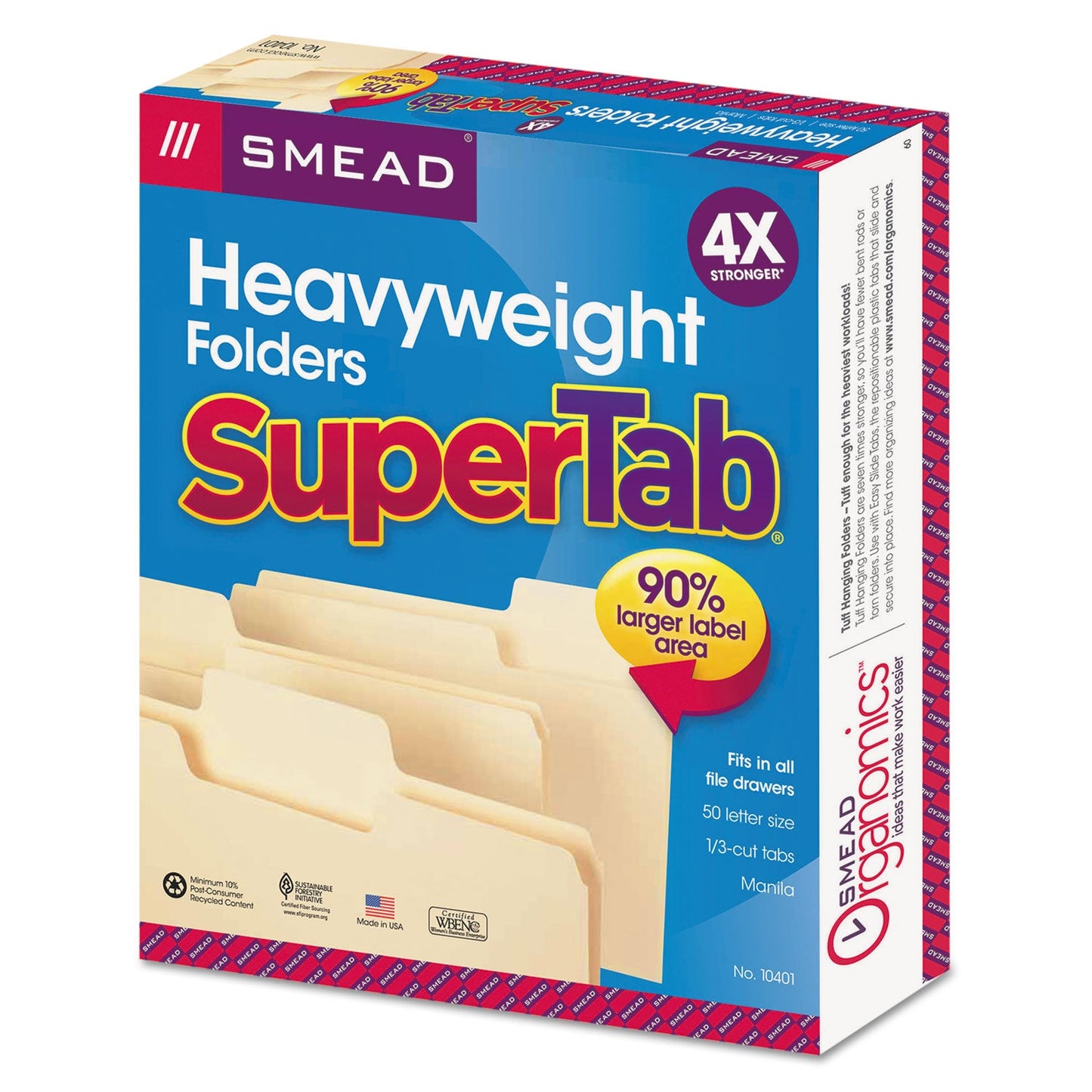 Smead SuperTab Top Tab File Folders, 1/3-Cut Tabs: Assorted, Letter Size, 0.75" Expansion, 14-pt Manila, 50/Box