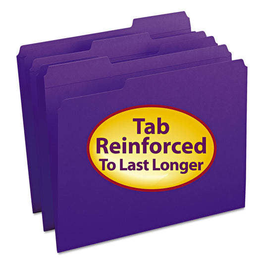 Smead Reinforced Top Tab Colored File Folders, 1/3-Cut Tabs: Assorted, Letter Size, 0.75" Expansion, Purple, 100/Box