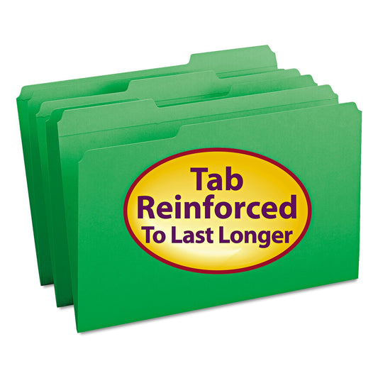 Smead Reinforced Top Tab Colored File Folders, 1/3-Cut Tabs: Assorted, Legal Size, 0.75" Expansion, Green, 100/Box