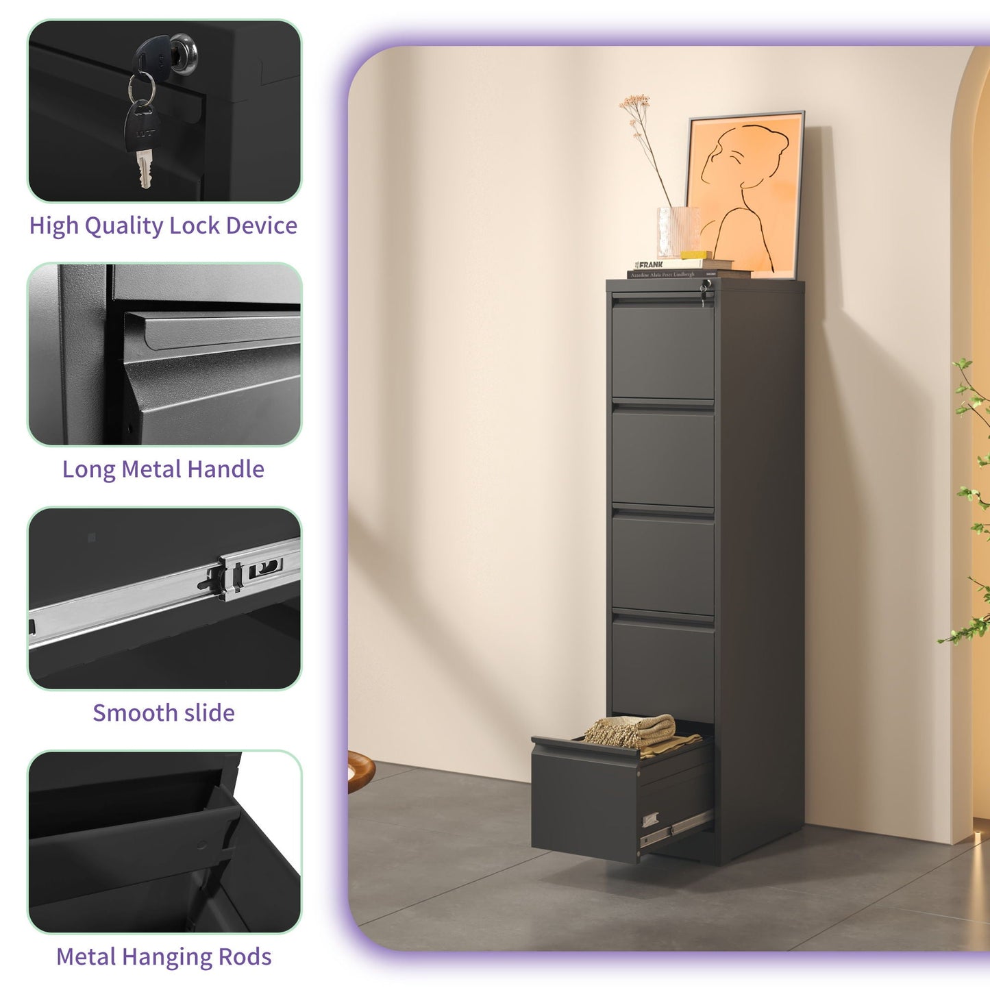 Steel Drawer Vertical File Cabinet With Lock For A4 Legal / Letter Size