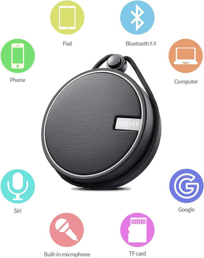 INSMY C12 IPX7 Waterproof Shower Bluetooth Speaker, Portable Small Speaker, Speakers Bluetooth Wireless Loud Clear Sound Support TF Card Suction Cup for Kayak Canoe Beach Gift (Black)