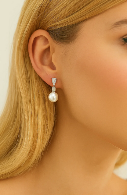 Pearl Drop Earrings with Cubic Zirconia  Accents Earrings